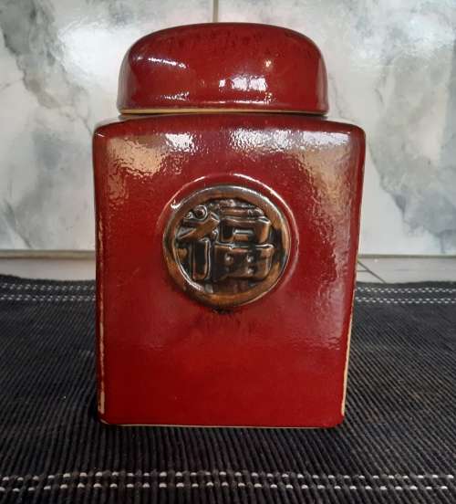 GRAND VINTAGE ORIENTAL MONOCHROME TEA CADDY, BEAUTIFULLY GLAZED