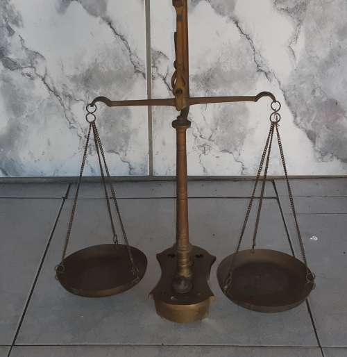 RARE FIND! HIGHLY COLLECTIBLE ANTIQUE BRASS MINERS, GOLD SCALE, FEW WEIGHTS MISSING