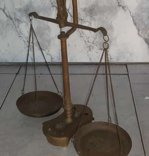 RARE FIND! HIGHLY COLLECTIBLE ANTIQUE BRASS MINERS, GOLD SCALE, FEW WEIGHTS MISSING