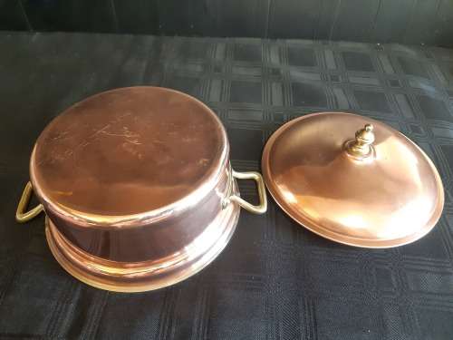AWESOME ANTIQUE CHRISTIAN WAGNER MADE IN GERMANY COPPER POT WITH BRASS HANDLES AND FINIAL
