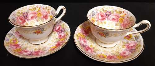 AWESOME ROYAL ALBERT SERENA BONE CHINA PAIR OF 2 DEMITASSE DUOS WITH A STUNNING FLORAL DESIGN