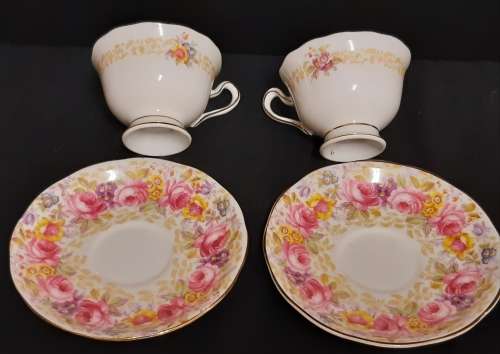 AWESOME ROYAL ALBERT SERENA BONE CHINA PAIR OF 2 DEMITASSE DUOS WITH A STUNNING FLORAL DESIGN