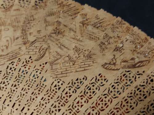 STUNNINGLY DECORATED VINTAGE ORIENTAL FAN DEPICTING AWESOME IMAGES AND BOXED WITH MARKINGS,