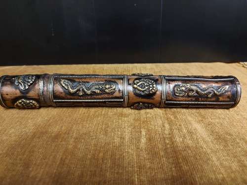 VINTAGE TIBETAN CYLINDRICAL COPPER SCROLL HOLDER ADORNED WITH BRASS DRAGONS, CHARACTERS AND SYMBOLS