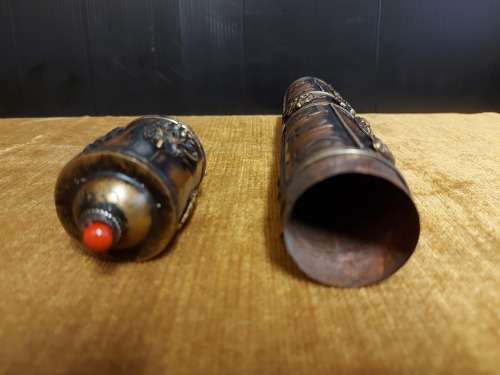VINTAGE TIBETAN CYLINDRICAL COPPER SCROLL HOLDER ADORNED WITH BRASS DRAGONS, CHARACTERS AND SYMBOLS