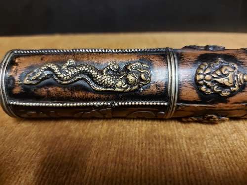 VINTAGE TIBETAN CYLINDRICAL COPPER SCROLL HOLDER ADORNED WITH BRASS DRAGONS, CHARACTERS AND SYMBOLS