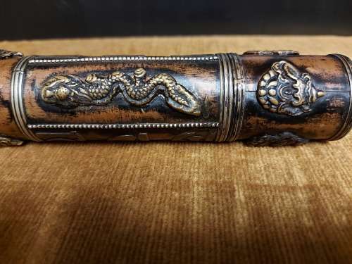 VINTAGE TIBETAN CYLINDRICAL COPPER SCROLL HOLDER ADORNED WITH BRASS DRAGONS, CHARACTERS AND SYMBOLS