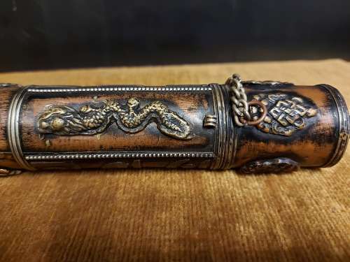 VINTAGE TIBETAN CYLINDRICAL COPPER SCROLL HOLDER ADORNED WITH BRASS DRAGONS, CHARACTERS AND SYMBOLS