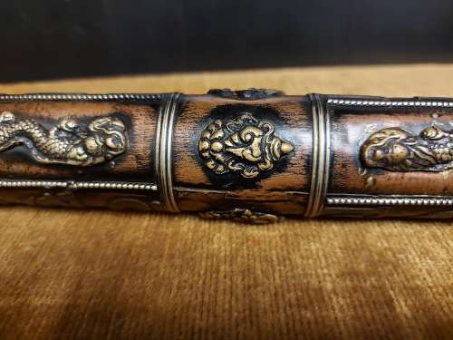 VINTAGE TIBETAN CYLINDRICAL COPPER SCROLL HOLDER ADORNED WITH BRASS DRAGONS, CHARACTERS AND SYMBOLS