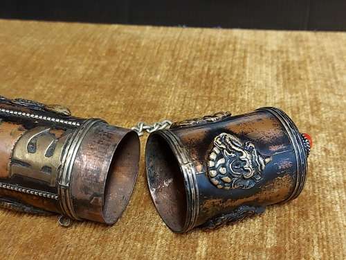 VINTAGE TIBETAN CYLINDRICAL COPPER SCROLL HOLDER ADORNED WITH BRASS DRAGONS, CHARACTERS AND SYMBOLS