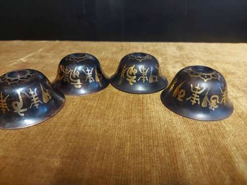 4 STUNNINGLY DECORATED VINTAGE BRONZE BRASS TIBETAN BUDDISM TEA CUP BOWLS