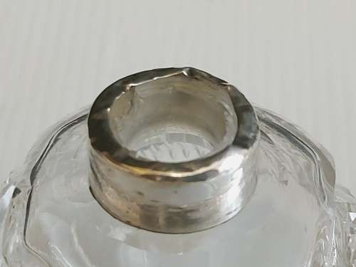 ANTIQUE HALLMARKED SILVER RIMMED CUT CRYSTAL DRESSING TABLE BOTTLE