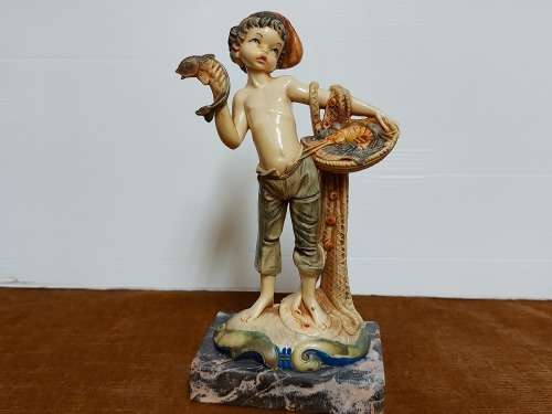 GENUINE CARRARA MARBLE:  VINTAGE BOY WITH FISHING NET FIGURINE BY THE ITALIAN SCULPTOR SIMONELLI