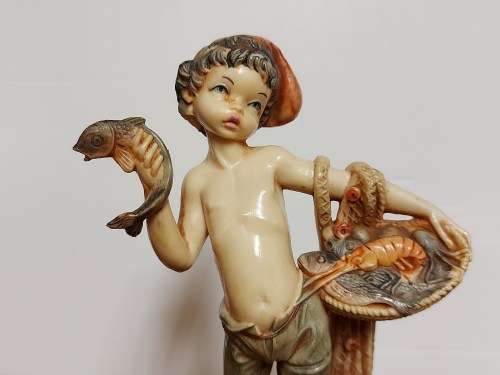 GENUINE CARRARA MARBLE:  VINTAGE BOY WITH FISHING NET FIGURINE BY THE ITALIAN SCULPTOR SIMONELLI