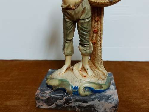 GENUINE CARRARA MARBLE:  VINTAGE BOY WITH FISHING NET FIGURINE BY THE ITALIAN SCULPTOR SIMONELLI