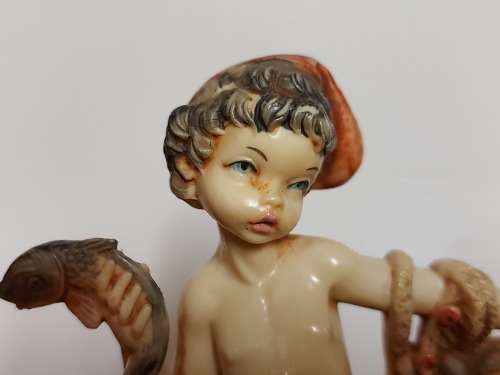 GENUINE CARRARA MARBLE:  VINTAGE BOY WITH FISHING NET FIGURINE BY THE ITALIAN SCULPTOR SIMONELLI