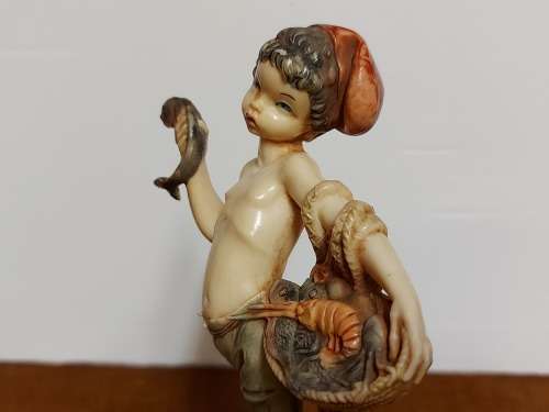 GENUINE CARRARA MARBLE:  VINTAGE BOY WITH FISHING NET FIGURINE BY THE ITALIAN SCULPTOR SIMONELLI