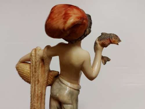 GENUINE CARRARA MARBLE:  VINTAGE BOY WITH FISHING NET FIGURINE BY THE ITALIAN SCULPTOR SIMONELLI