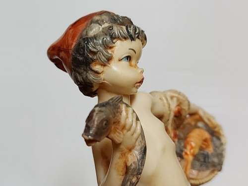 GENUINE CARRARA MARBLE:  VINTAGE BOY WITH FISHING NET FIGURINE BY THE ITALIAN SCULPTOR SIMONELLI