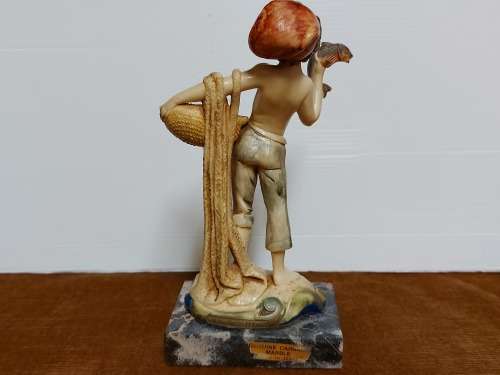 GENUINE CARRARA MARBLE:  VINTAGE BOY WITH FISHING NET FIGURINE BY THE ITALIAN SCULPTOR SIMONELLI