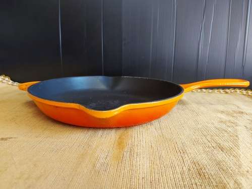 VINTAGE LE CREUSET NO. 26 ORANGE ENAMELED CAST IRON PAN
