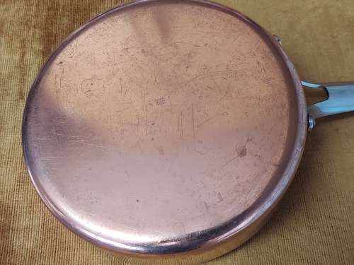 VINTAGE GEORG JENSEN TAVERNA DESIGN SOLID COPPER STRAIGHT SIDED SKILLET WITH A SILVER LINING