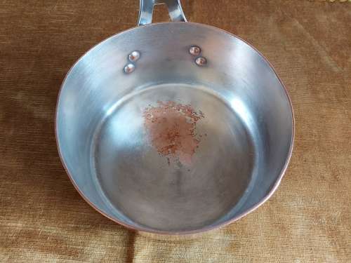 VINTAGE GEORG JENSEN TAVERNA DESIGN SOLID, THICK COPPER PAN HANDLED, LIDDED POT WITH A SILVER LINING