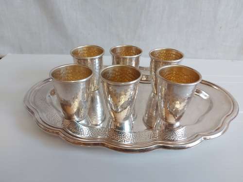 BEAUTIFUL VINTAGE JEWISH SILVER PLATED TRAY AND SIX GOBLETS MARKED RICHARD SD 999