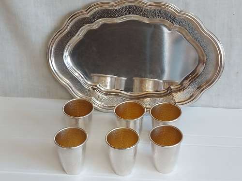 BEAUTIFUL VINTAGE JEWISH SILVER PLATED TRAY AND SIX GOBLETS MARKED RICHARD SD 999