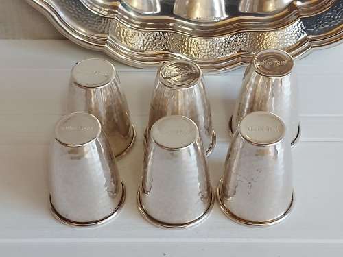 BEAUTIFUL VINTAGE JEWISH SILVER PLATED TRAY AND SIX GOBLETS MARKED RICHARD SD 999