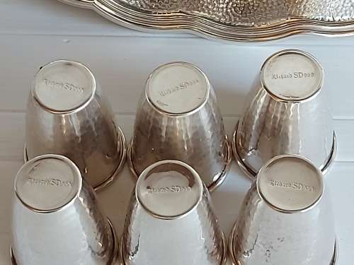 BEAUTIFUL VINTAGE JEWISH SILVER PLATED TRAY AND SIX GOBLETS MARKED RICHARD SD 999
