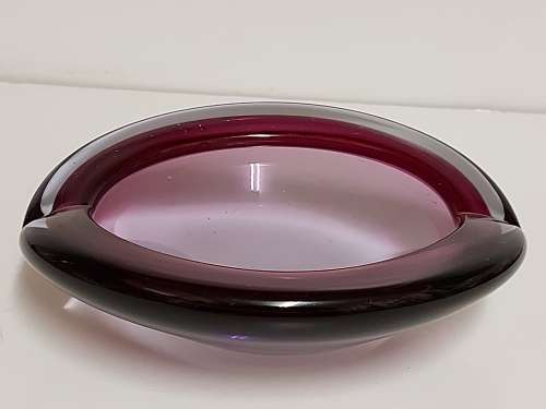 BEAUTIFUL MURANO ART GLASS BOWL, BURGUNDY AND CLEAR WITH PURPLE AND BLUEISH HUES