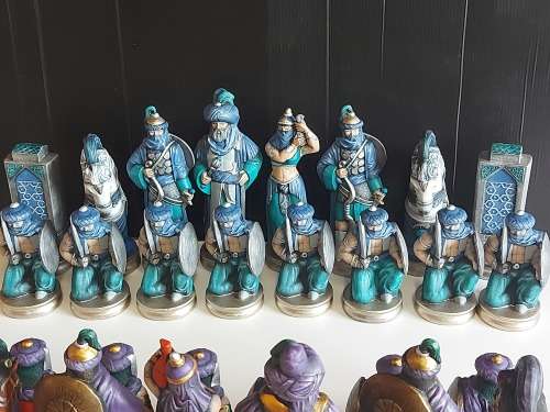 GREAT FIND!  ARABIAN NIGHTS COLOURFUL CERAMIC CHESS SET WITH FAIRLY LARGE PIECES, NO BOARD