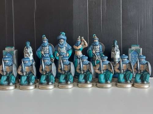 GREAT FIND!  ARABIAN NIGHTS COLOURFUL CERAMIC CHESS SET WITH FAIRLY LARGE PIECES, NO BOARD