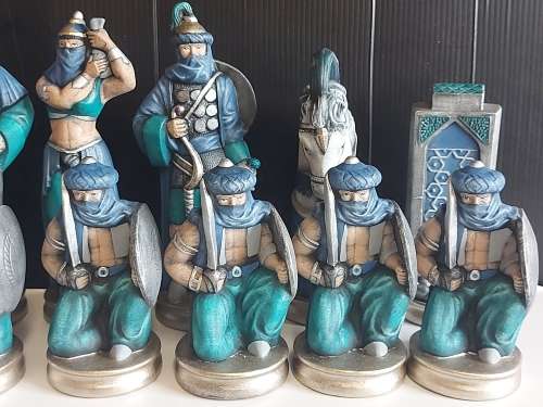 GREAT FIND!  ARABIAN NIGHTS COLOURFUL CERAMIC CHESS SET WITH FAIRLY LARGE PIECES, NO BOARD