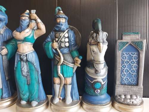 GREAT FIND!  ARABIAN NIGHTS COLOURFUL CERAMIC CHESS SET WITH FAIRLY LARGE PIECES, NO BOARD