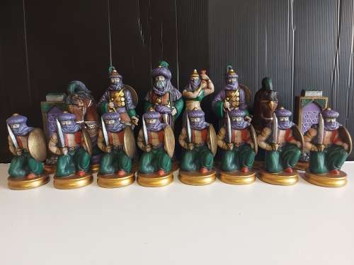GREAT FIND!  ARABIAN NIGHTS COLOURFUL CERAMIC CHESS SET WITH FAIRLY LARGE PIECES, NO BOARD