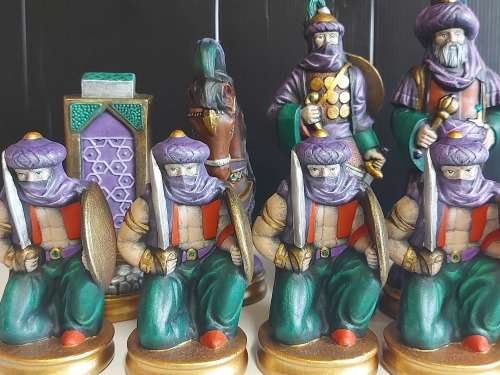 GREAT FIND!  ARABIAN NIGHTS COLOURFUL CERAMIC CHESS SET WITH FAIRLY LARGE PIECES, NO BOARD