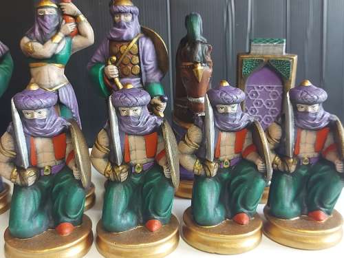 GREAT FIND!  ARABIAN NIGHTS COLOURFUL CERAMIC CHESS SET WITH FAIRLY LARGE PIECES, NO BOARD