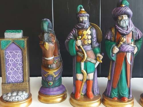 GREAT FIND!  ARABIAN NIGHTS COLOURFUL CERAMIC CHESS SET WITH FAIRLY LARGE PIECES, NO BOARD
