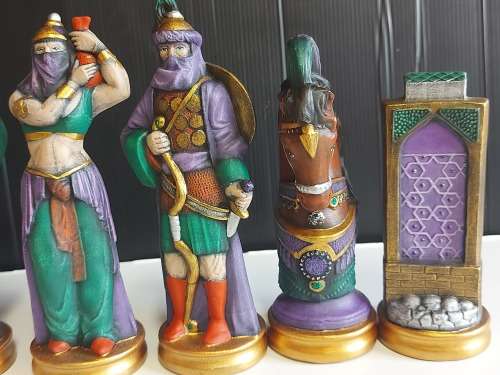 GREAT FIND!  ARABIAN NIGHTS COLOURFUL CERAMIC CHESS SET WITH FAIRLY LARGE PIECES, NO BOARD