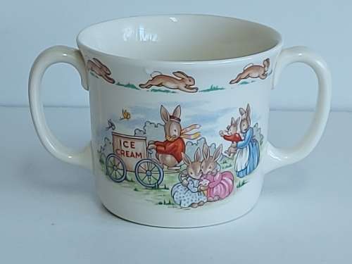 AWESOME ROYAL DOULTON BUNNYKINS TWIN HANDLE MUG WITH BRIGHT AND VIVID IMAGES