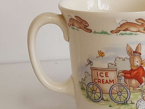AWESOME ROYAL DOULTON BUNNYKINS TWIN HANDLE MUG WITH BRIGHT AND VIVID IMAGES