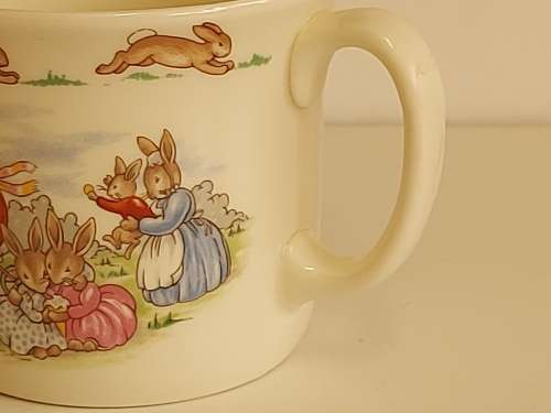 AWESOME ROYAL DOULTON BUNNYKINS TWIN HANDLE MUG WITH BRIGHT AND VIVID IMAGES