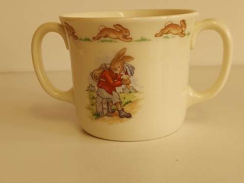 AWESOME ROYAL DOULTON BUNNYKINS TWIN HANDLE MUG WITH BRIGHT AND VIVID IMAGES