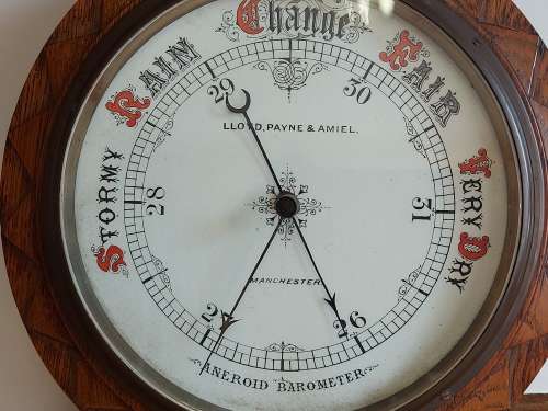AMAZING FIND! LARGE SOLID OAK CARVED LLOYD, PAYNE AND AMIEL, MANCHESTER ANEROID BAROMETER
