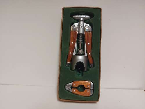 HIGHLY COLLECTIBLE LAGUIOLE SILVER METAL AND WOOD CORKSCREW AND LABEL CUTTER SET IN A CUSTOMIZED BOX