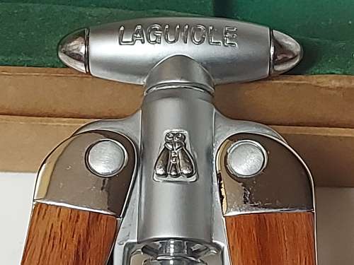 HIGHLY COLLECTIBLE LAGUIOLE SILVER METAL AND WOOD CORKSCREW AND LABEL CUTTER SET IN A CUSTOMIZED BOX