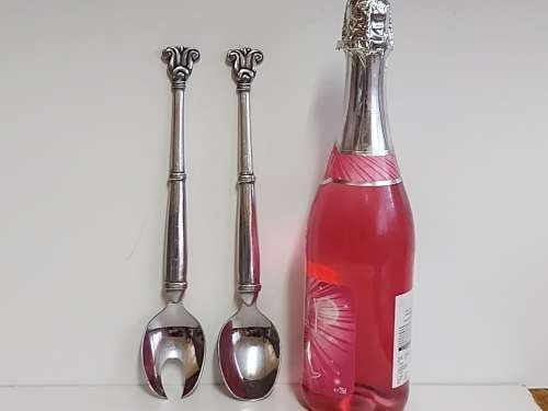 CARROL BOYES FUNCTIONAL ART: AWESOME UNUSUAL EARLY DESIGN PEWTER AND STAINLESS SALAD SERVER SET