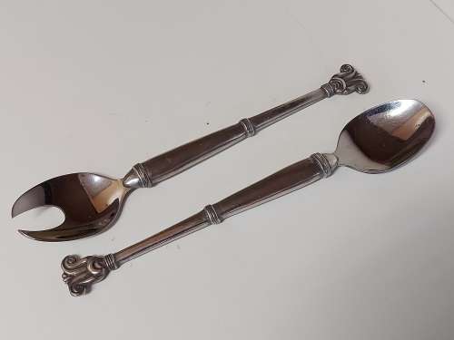 CARROL BOYES FUNCTIONAL ART: AWESOME UNUSUAL EARLY DESIGN PEWTER AND STAINLESS SALAD SERVER SET